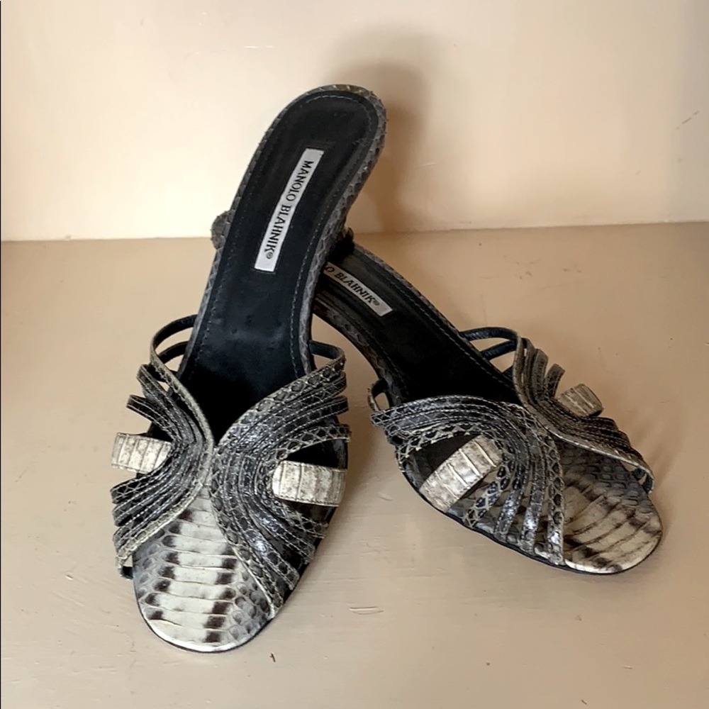 Manolo Blahnik snake skin kitten heels mules